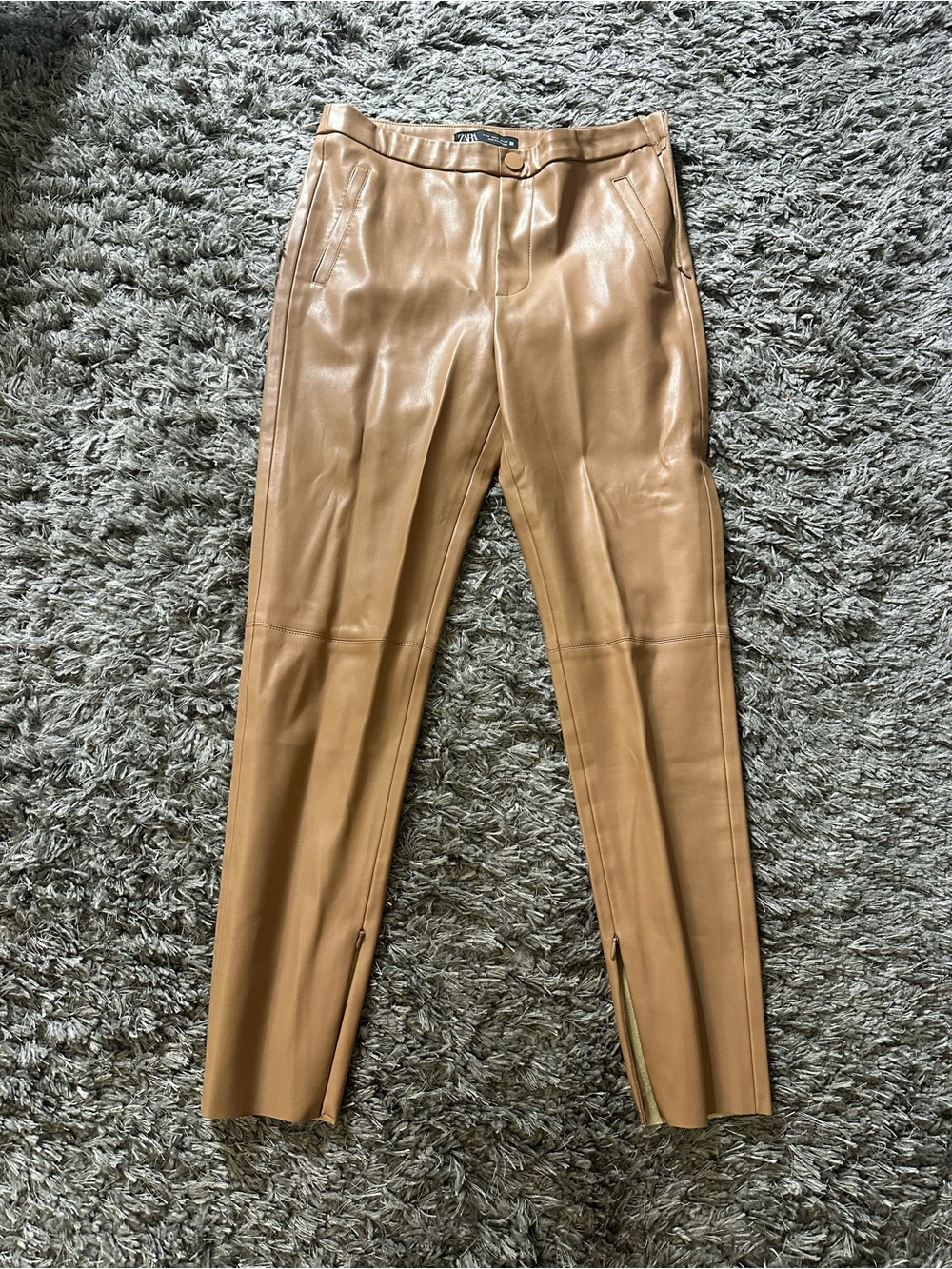 Zara Tan Faux Leather Trousers leggings. Size M